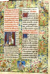 Page enluminée : feuillet 8 : Lettre : miniature : prêtre officiant. Saint Christophe, tétramorphe, encadrement | 
