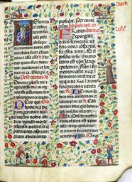 Page enluminée : feuillet 185 : Lettre R : miniature : encadrement | 