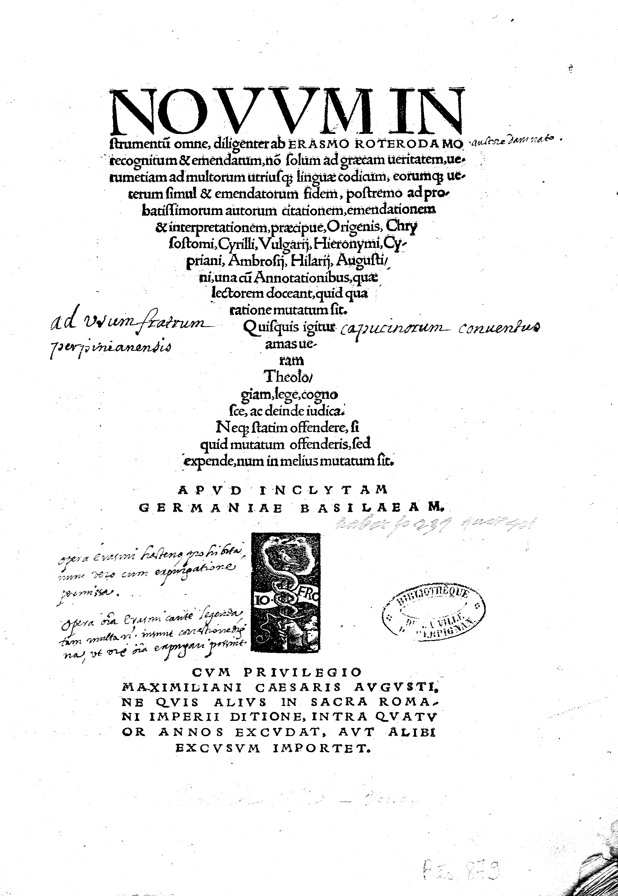 La page de titre du "Novum Instrumentum" d'Erasme 